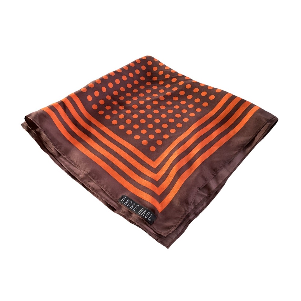 Andre Badi Silk Square Neckerchief Brown  W/Orange Stripe Border And Polka Dots